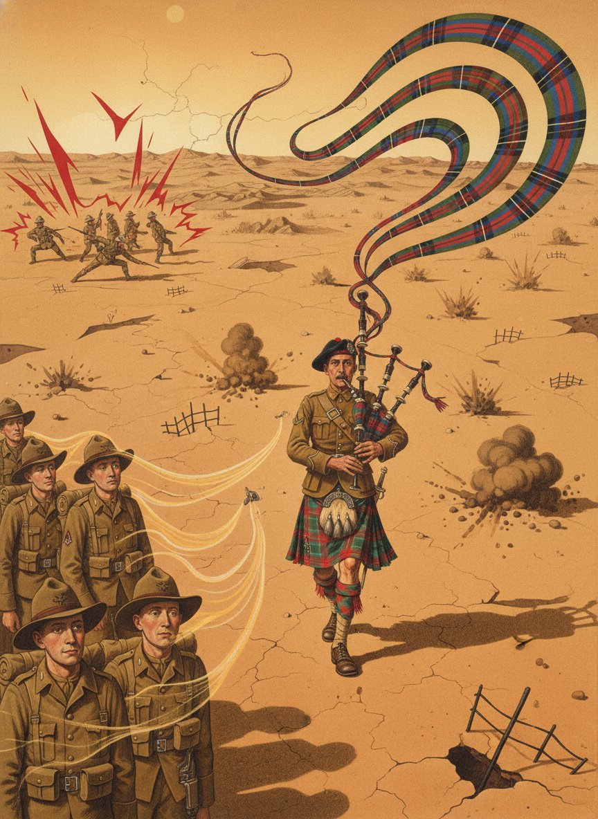 Sometimes in the tiny pauses between barrages came the distant, eerie skirl of a bagpipe on the roasting gritty air; on the left of the Ninth Australian, the Fifty-first Highlanders were trekking through the minefields with a piper to lead every company commander.