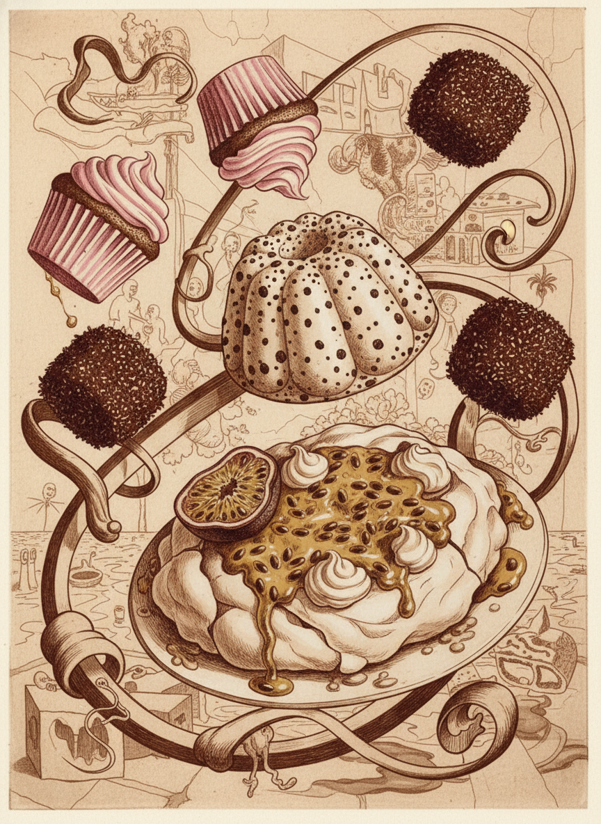Pink and white fairy cakes, chocolate-soaked lamingtons rolled in coconut, steamed spotted dog pudding, pavlova dripping passionfruit and cream from Drogheda cows.