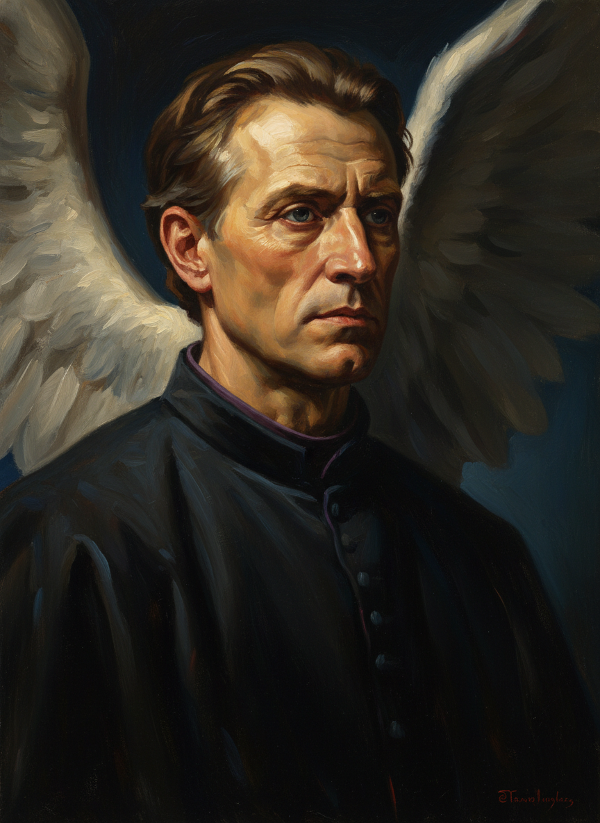 So must the Archangel Michael look; not a smooth young Renaissance boy but an aging perfect man, who had loved Lucifer, fought him, banished Adam and Eve, slain the serpent, stood at God’s right hand.