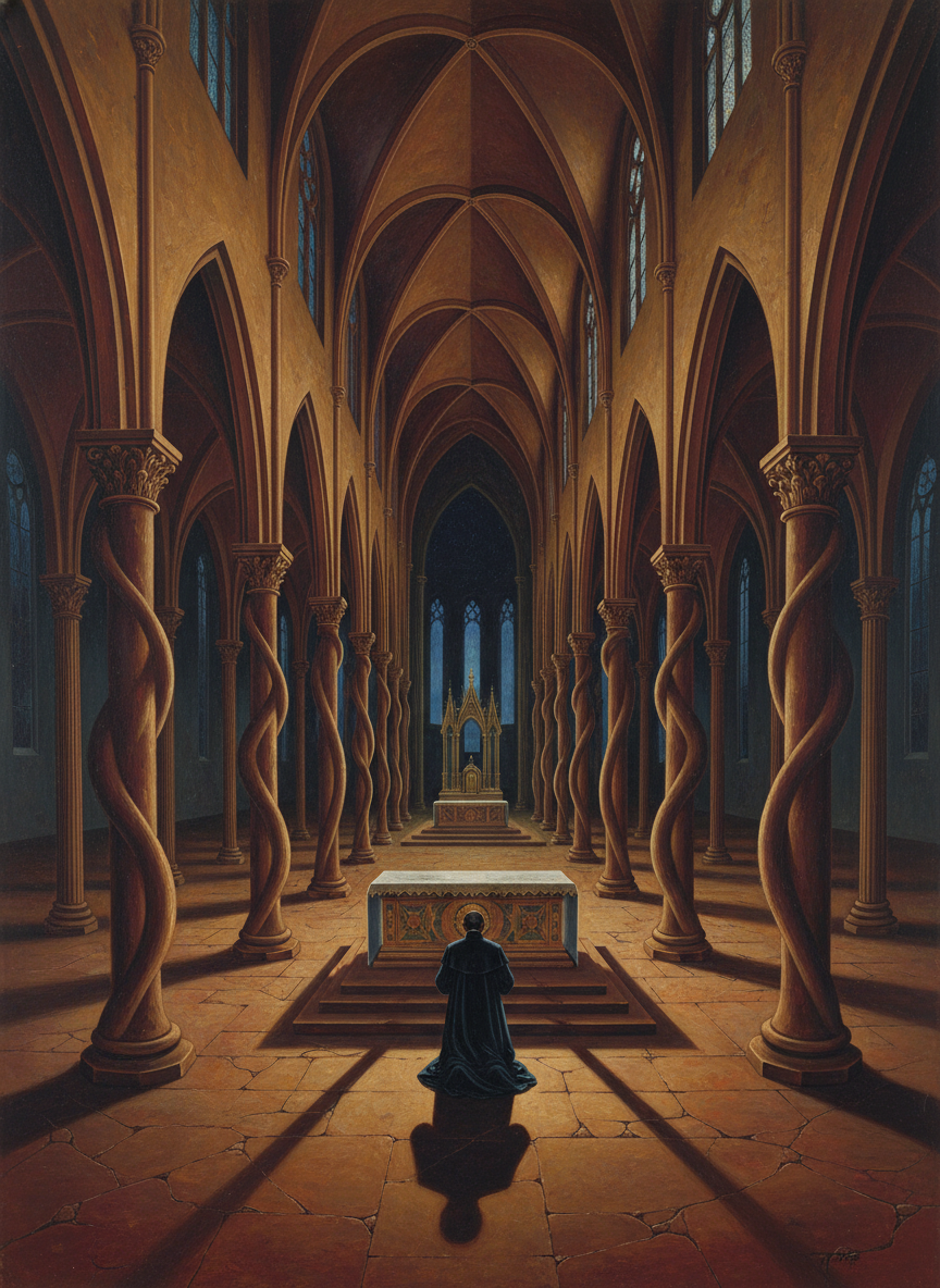A faint, ghostly glow illuminated the yawning empty apse; his footsteps echoed hollowly on the stone floor as he walked, stopped and merged with the silence as he genuflected in front of the High Altar, began again.