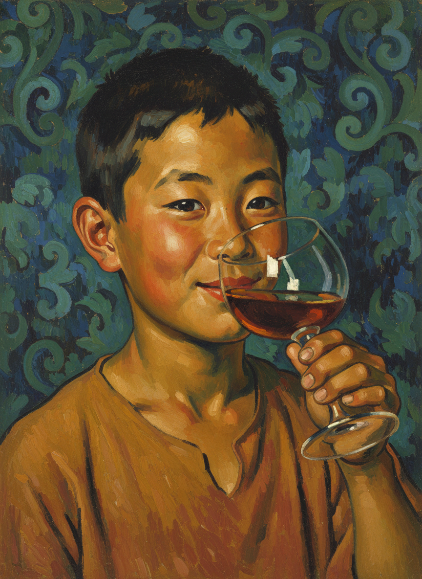 The boy sipped his wine gingerly, looked up with a pleased expression.