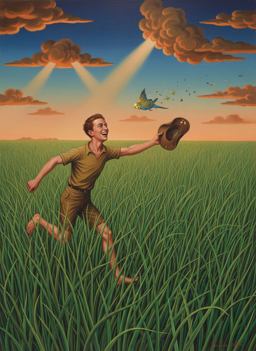 Laughing, feeling the grass tickling his bare legs, he took off after it, snatching his battered slouch hat from his head and holding it out as if he truly believed he could snare the vanishing bird.