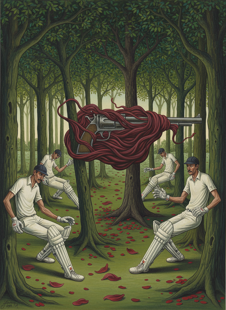 Men had appeared all around them, the cricketers still wearing their leg pads and gloves; someone went back for a stretcher while the rest proceeded to silence the gun at the far side of the clearing.