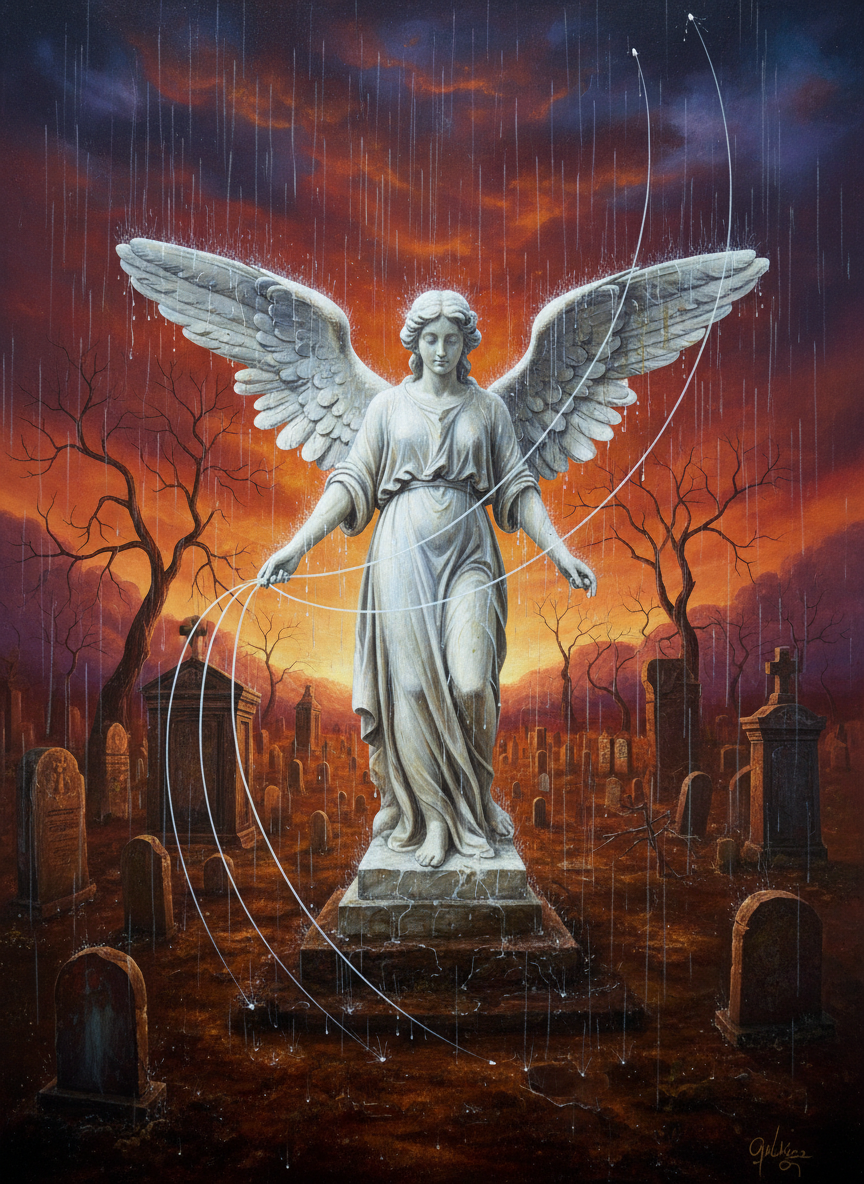 In the cemetery the rain washed the dust away, whitened everything, washed the dust off the outstretched wings of the bland Botticelli angel.