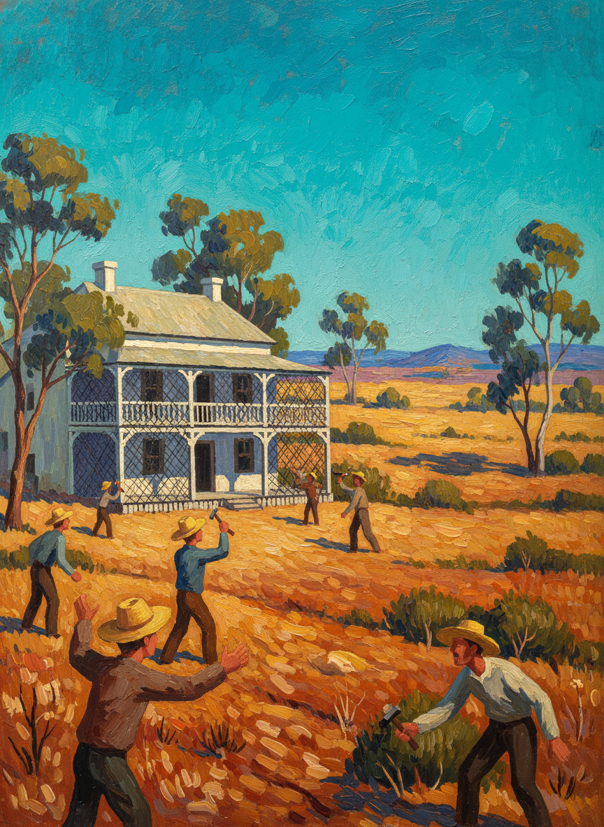In the distance men were shouting, hammers pounded; at long last the verandas and the upper-story windows of the homestead were being enclosed by fine wire mesh to screen out the flies.