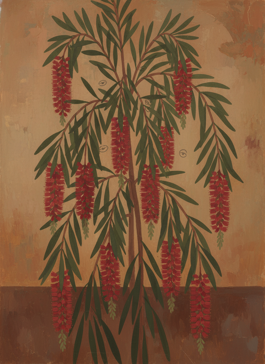 A chuckle very like her own echoed from the interior of the bottle-brush shrubbery nearby, its drooping scarlet cylinders hiding the author of the chuckle.