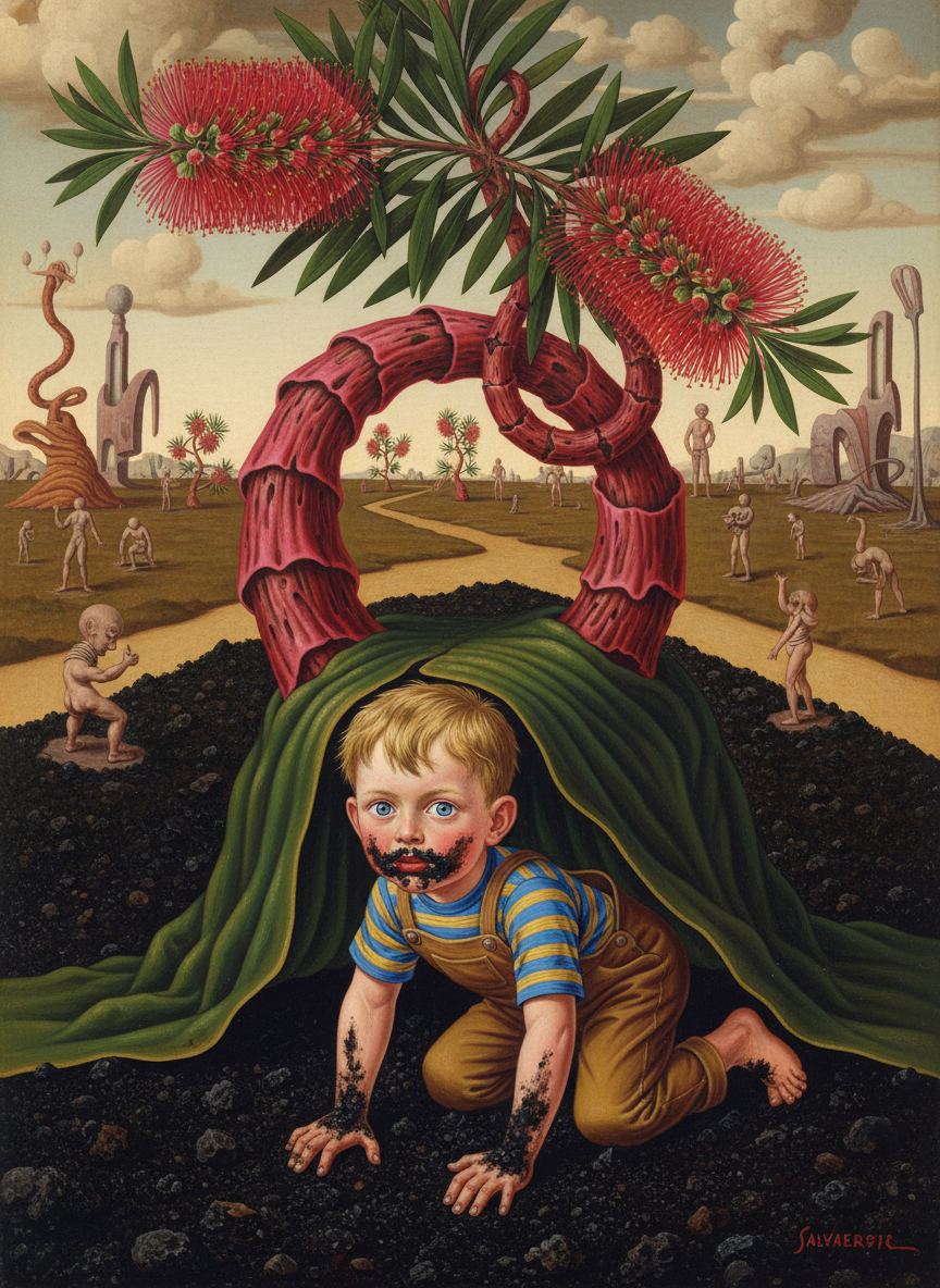 He crawled out from under the closest bottle brush, his hands full of black earth, suspicious black smears all around his mouth.