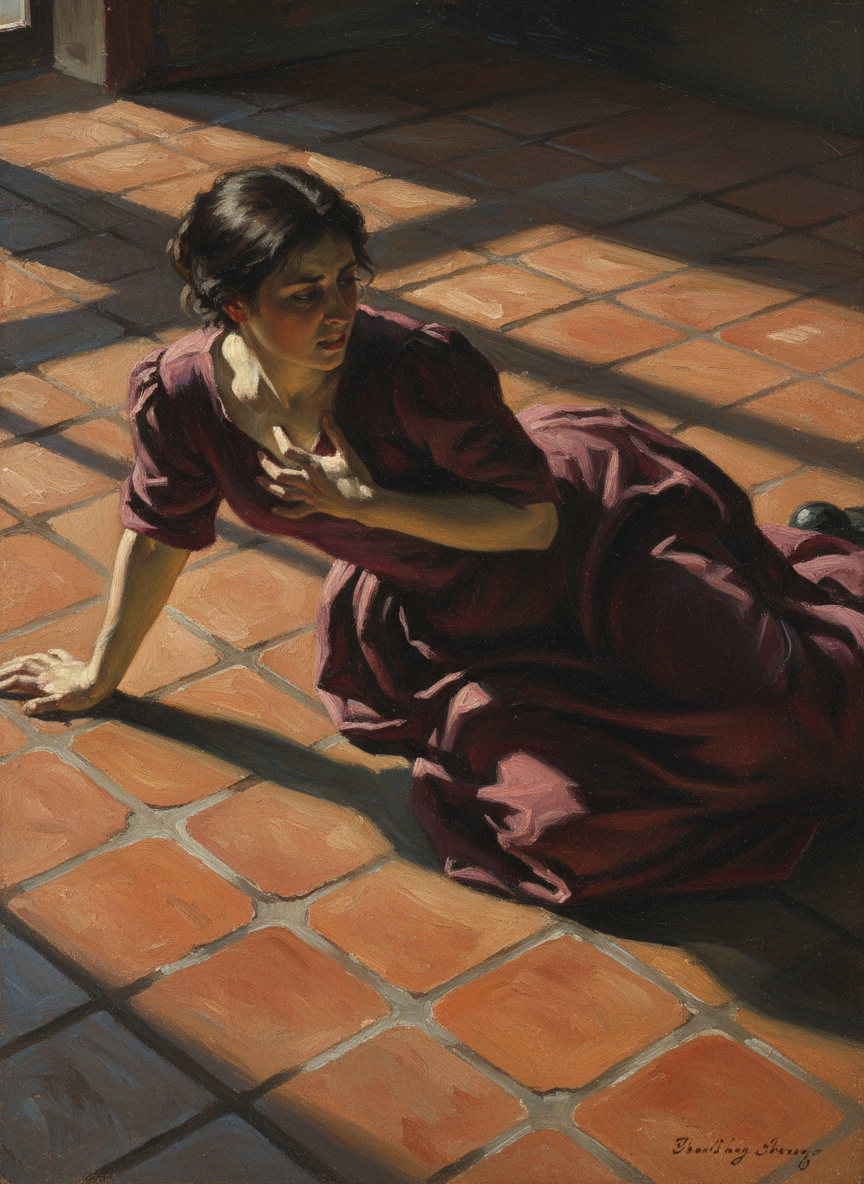 It dropped to the Spanish tiles, her leaden body sagged, the lead heart within her breast struggled against its vast weight to beat.