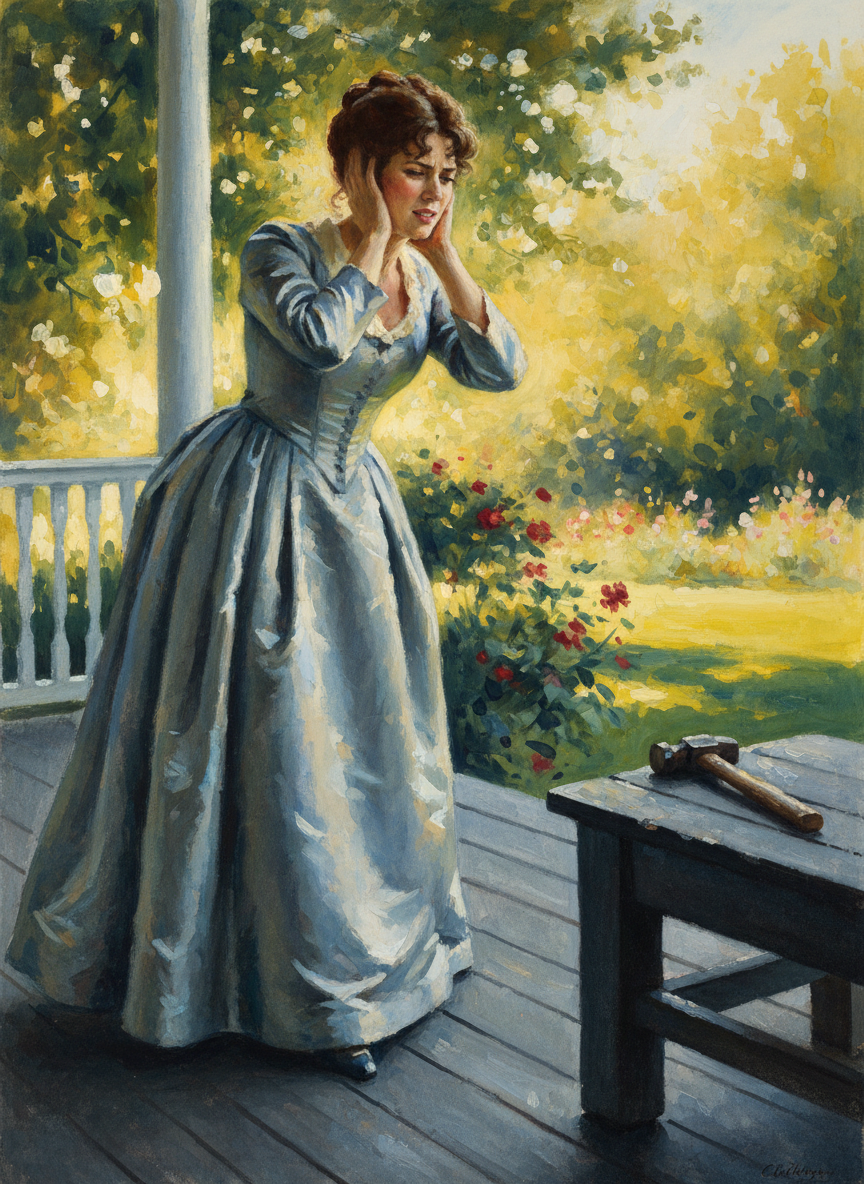 Around the corner of the veranda someone dropped a hammer, and let fly with a string of curses; Fee winced, shuddered.