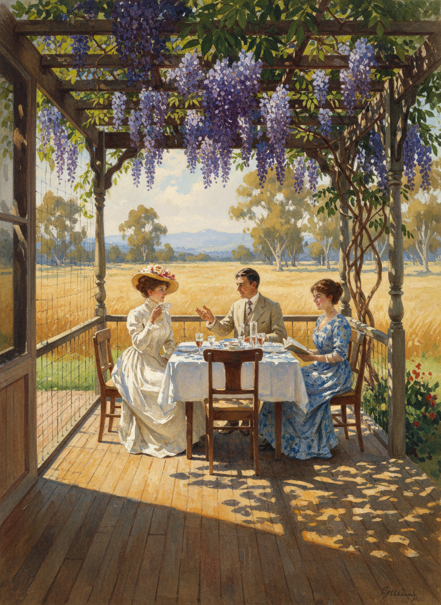 For there were multiple compensations for the look of it, like being able to eat al fresco on the veranda when it was very hot, under the tapping leaves of the wistaria vine.