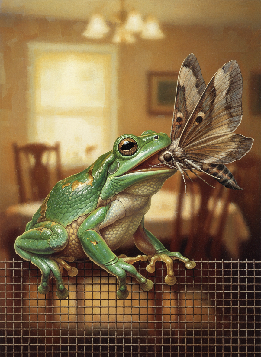 Suddenly one would leap, grab at a moth almost bigger than itself, and settle back into inertia with two-thirds of the moth flapping madly out of its overladen mouth.