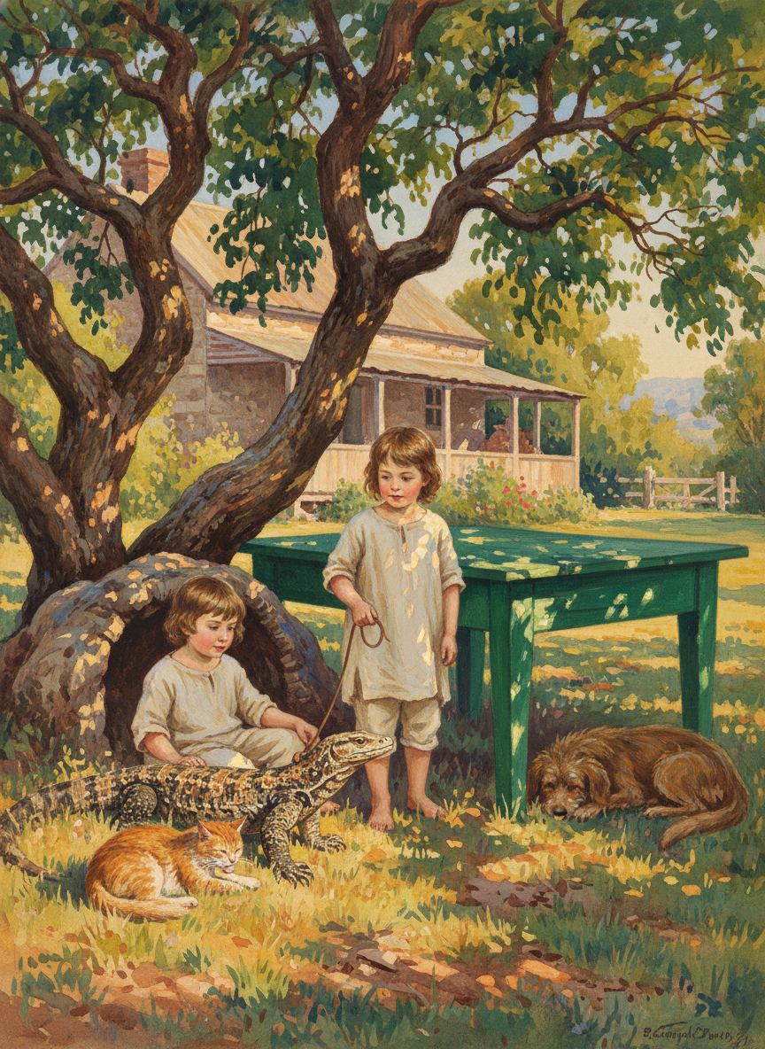 Smith’s green kitchen table; they played in the pepper tree cubbyhouse; they had pet cats, pet dogs, even a pet goanna, which walked beautifully on a leash and answered to its name.