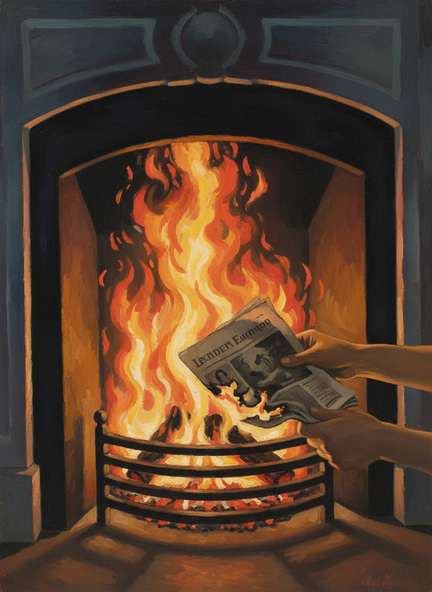 Fee got up, walked over to the fire and threw the front page of the Herald onto the flames.