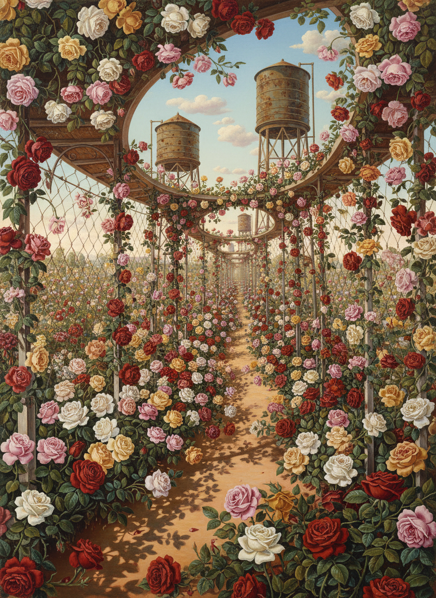 There were roses everywhere, pink and white and yellow, crimson like heart’s blood, scarlet like a cardinal’s soutane.