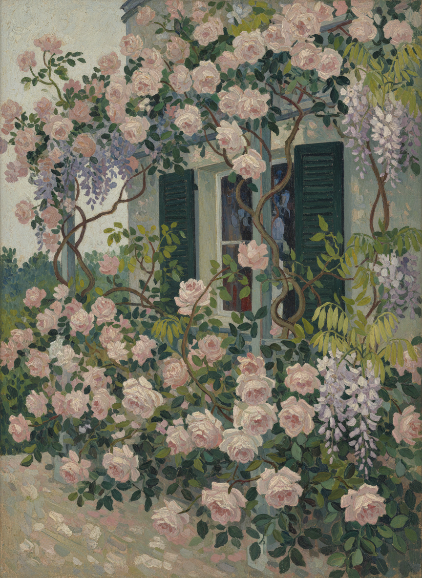 And one color was everywhere among the roses, a pale pinkish-grey.