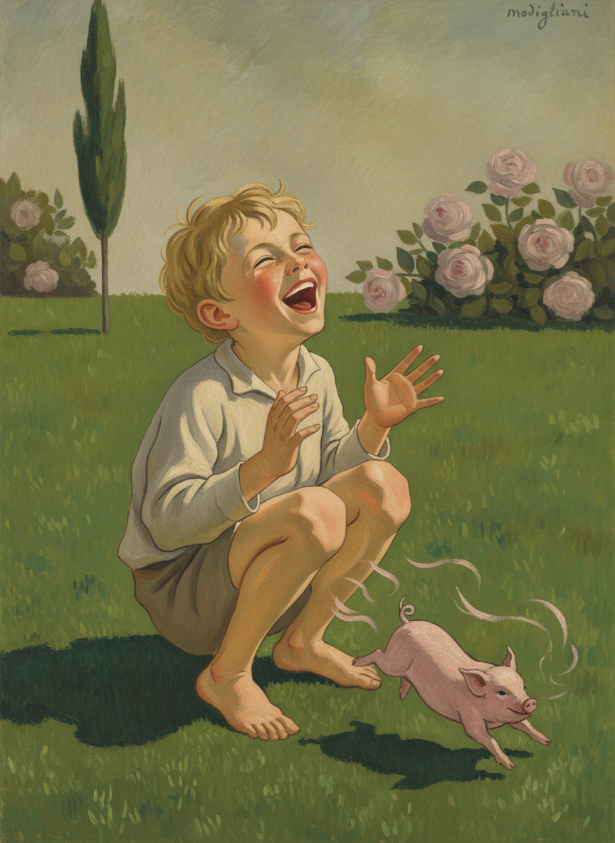 But Meggie wasn’t there, only a boy squatting in the lush lawn, teasing a little pink pig which ran in idiotic rushes up to him, galloped off, sidled back.