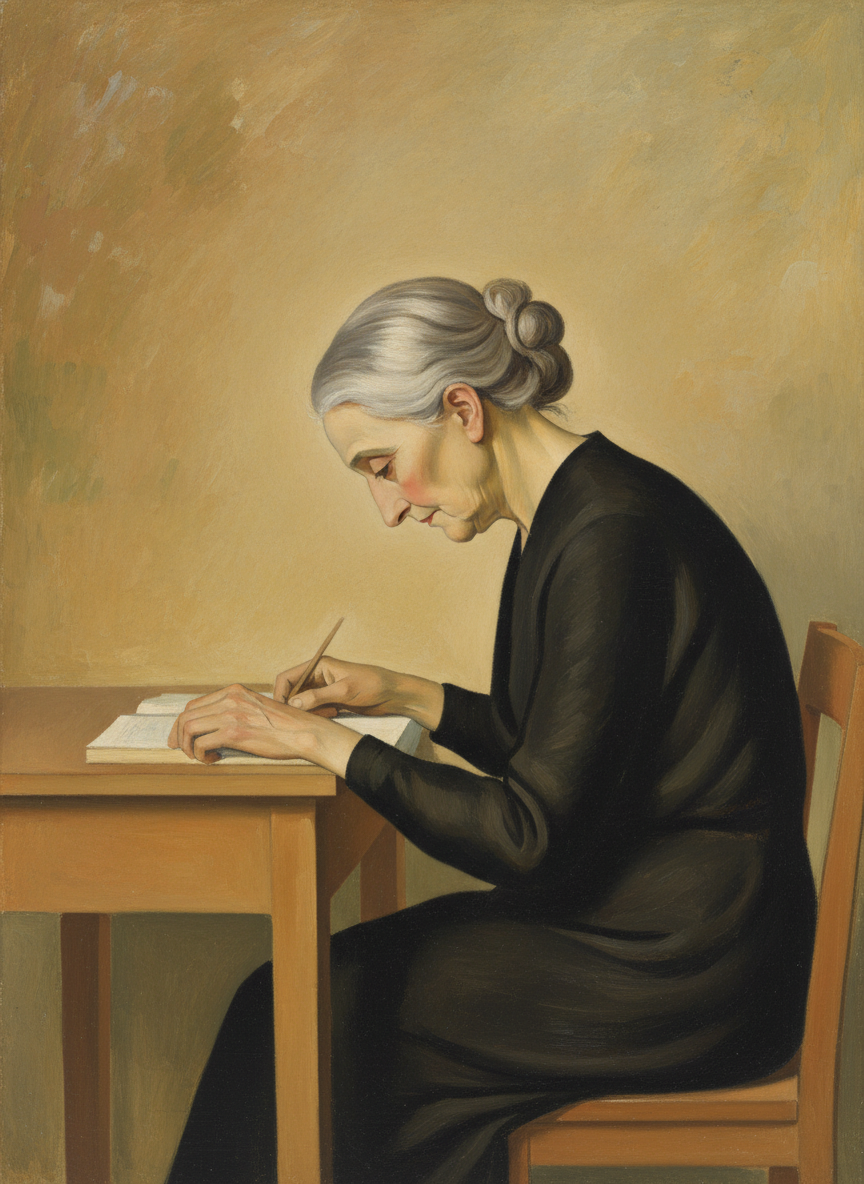 She must have heard him, but kept on working, back bent, the lovely golden hair gone to silver.