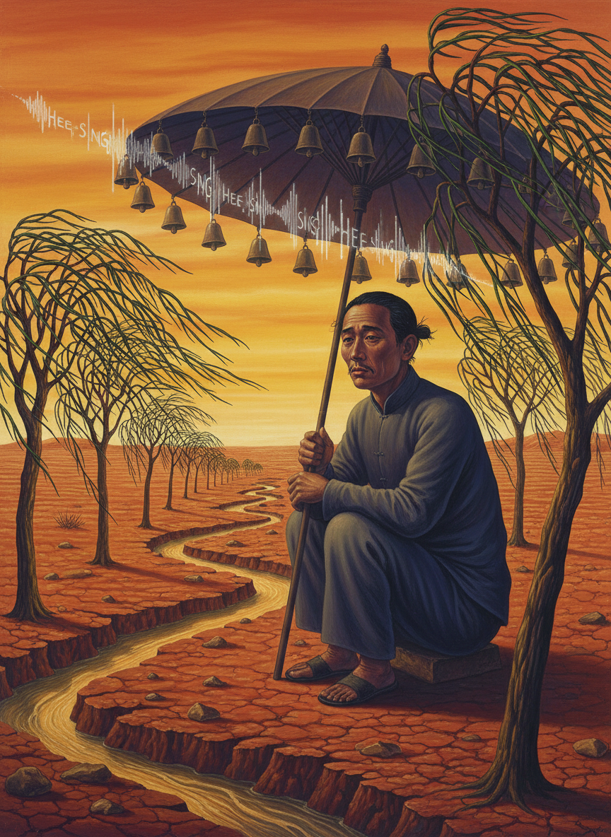 It was very hot; a little wind came, stirred the weeping willows along the creek, made the bells on the Chinese cook’s umbrella chime their mournful tinny tune: Hee Sing, Hee Sing, Hee Sing.