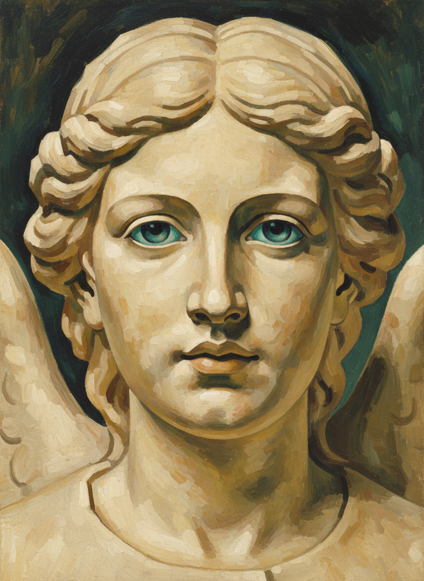 Turning, his eyes caught the glaucous glance of the marble angel.