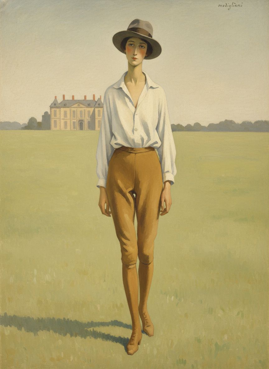 Slim, golden, in a pair of breeches and a white man’s shirt exactly like his own, a man’s grey felt hat on the back of her head, tan boots on her feet.