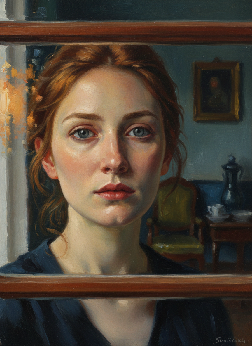 Her soul looked out from behind its lucent grey windows and veiled its thoughts from him.