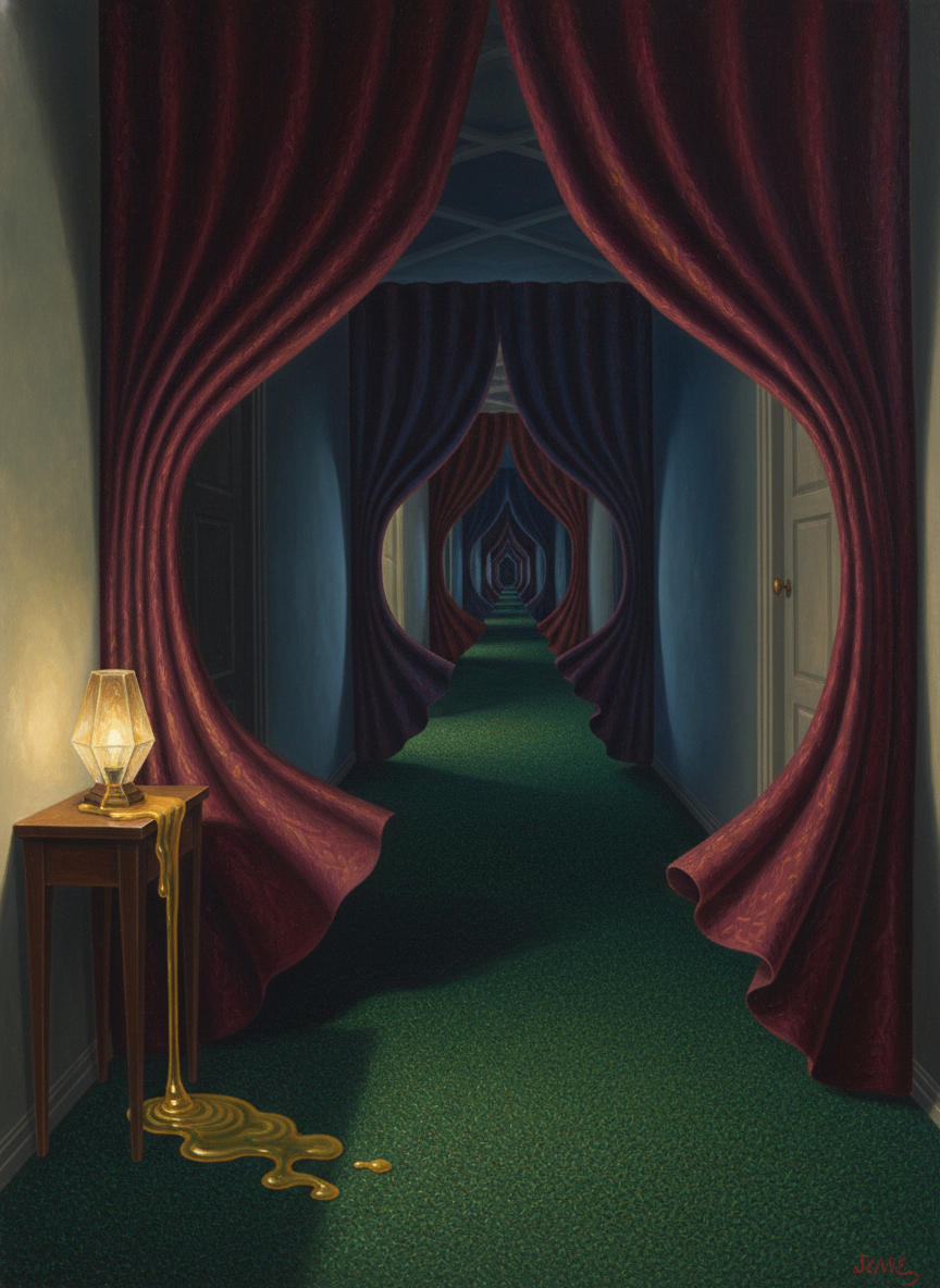 At the top of the stairs silence met him thickly; a crystal lamp on a narrow hall table shed a dim pool of light for the comfort of nocturnal wanderers, flickering as the night breeze billowed the curtains inward around the window next to it.