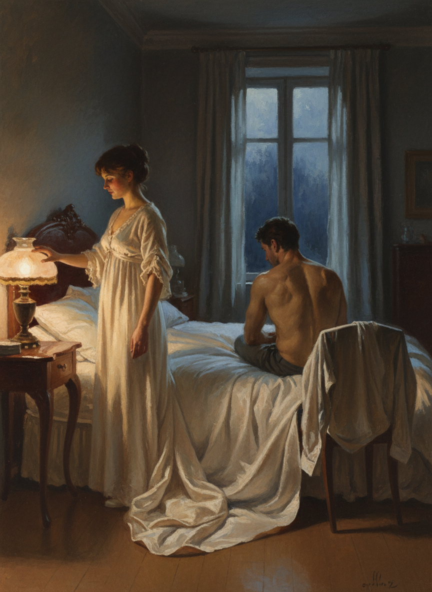She drew his shirt over his head, and for a moment her hand rested with luxurious sensitivity on his bare back, then she went across to the lamp and turned it out, while he draped his clothes over a chair back.