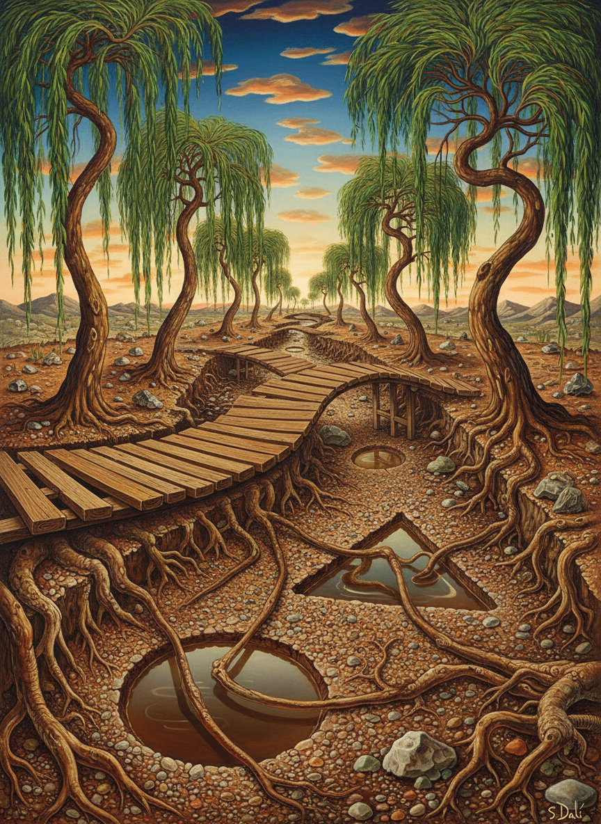 They crossed the rumbling wooden-planked bridge over the thin, muddy river lined with weeping willows, most of its bed exposed in a tangle of roots and gravel, pools lying in still brown patches, gum trees growing everywhere in the stony wastes.