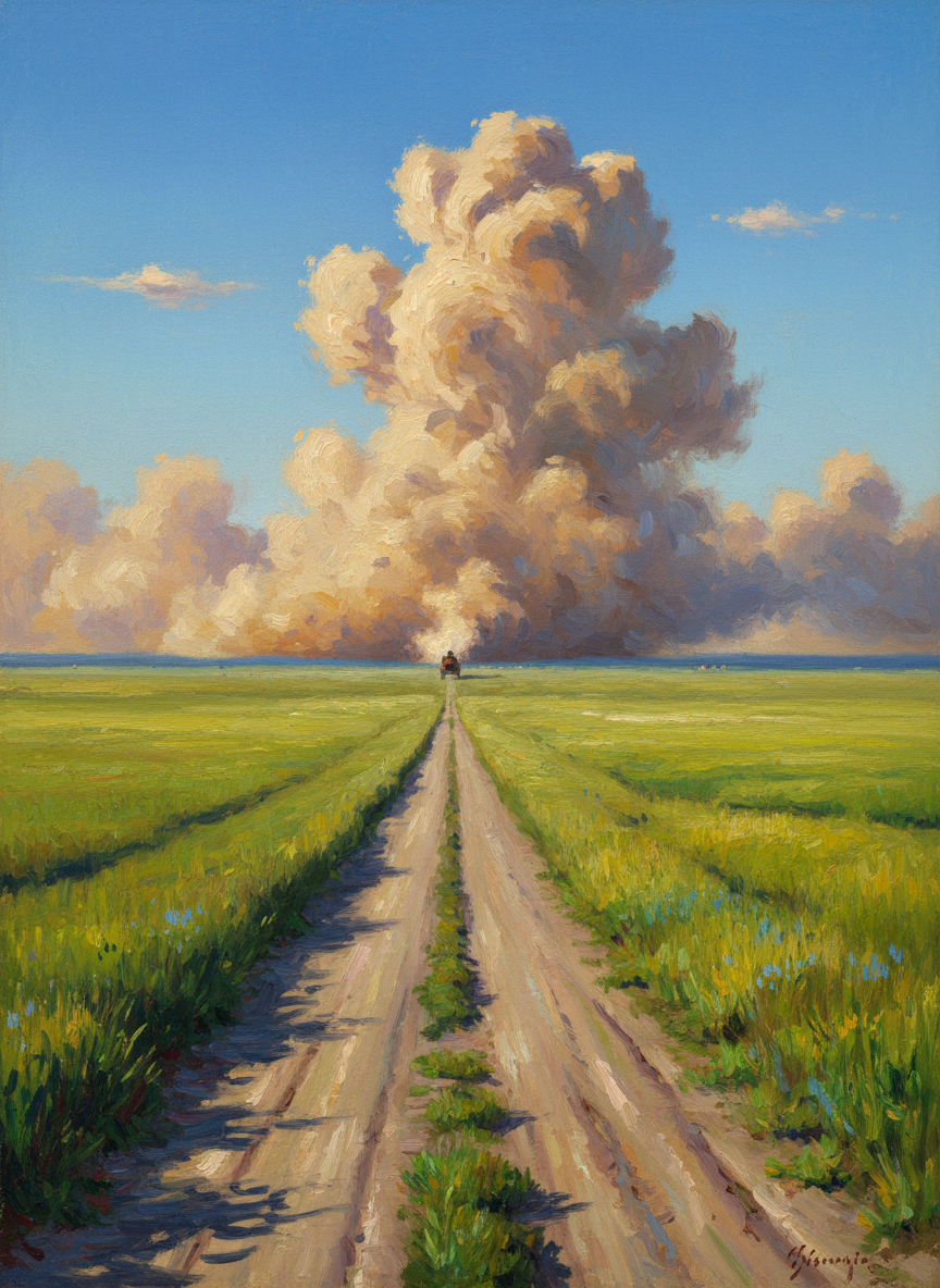 Behind them rose an enormous cloud of dust, in front of them the road sped straight as a perspective exercise across a great grassy plain devoid of trees.