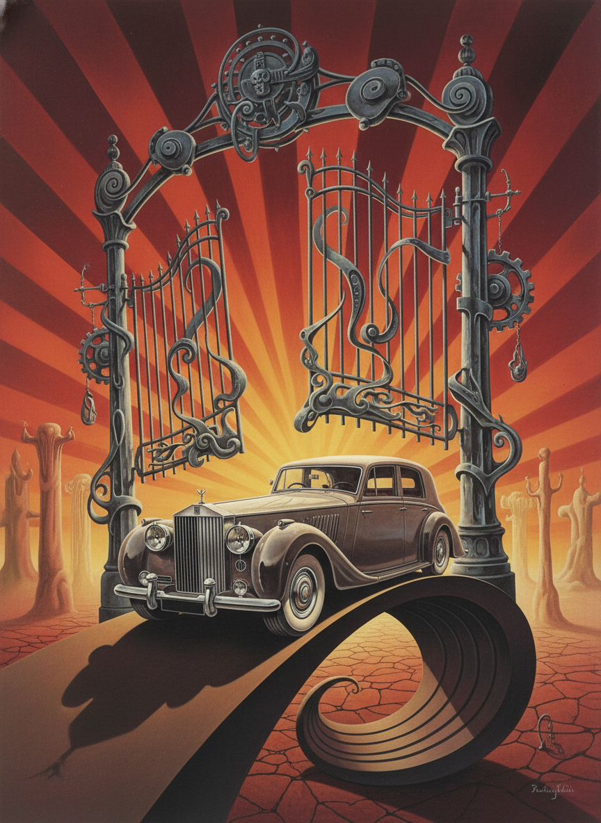 The Rolls ran up a ramp toward a steel gate which lifted lazily; the moment the car passed under it and got a few yards down the track, the gate lowered itself closed.