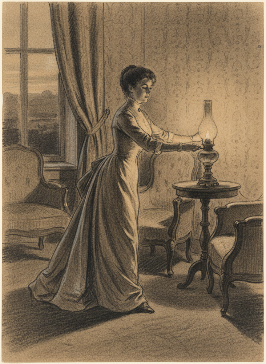 She pulled the bell cord for tea and went quickly round the room lighting the ke