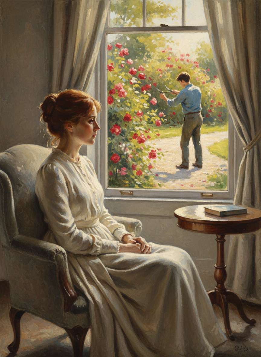 One day after Frank had been home about six months, Meggie came into the drawing room to find her mother sitting looking through the big windows to where Frank was clipping the great bank of roses alongside the drive.