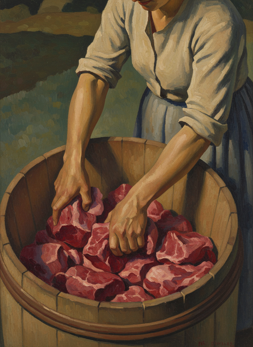 She was pushing chunks of defatted beef into the corning barrel.