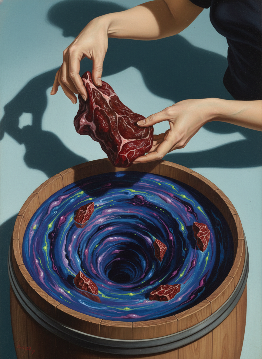 The last piece of bloody beef was tucked down under the surface of the corning solution; Justine put the lid on the barrel with a thump.