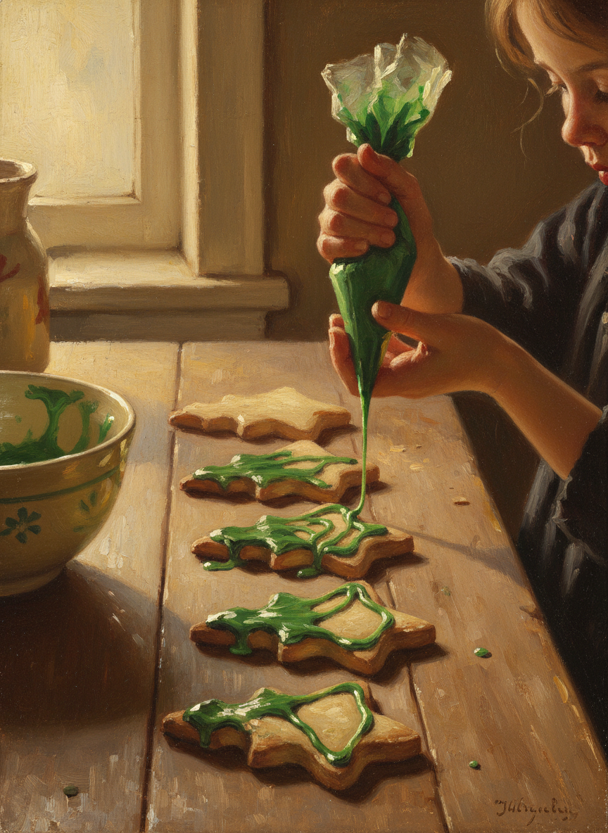 Meggie beat green food coloring into a bowl of runny icing and began to drizzle it over already baked fir trees.