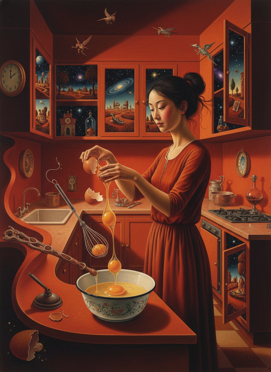 Justine began cracking eggs rapidly and deftly into a basin, using one hand.