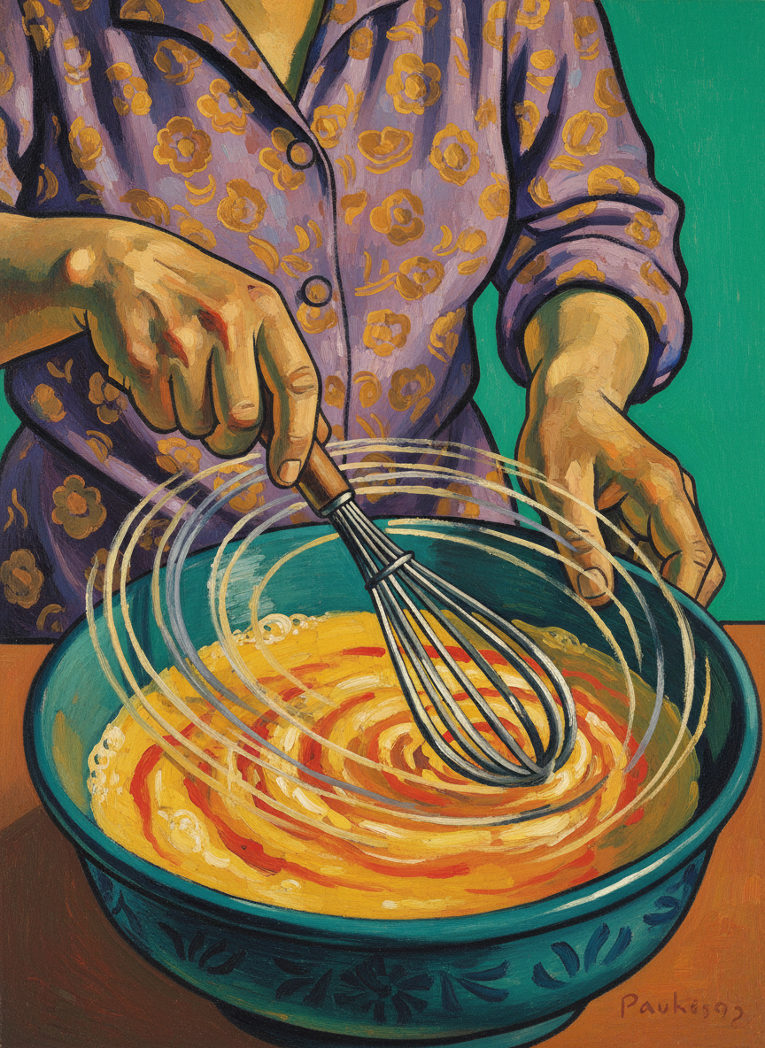 She drubbed the eggs unmercifully with a French whisk.