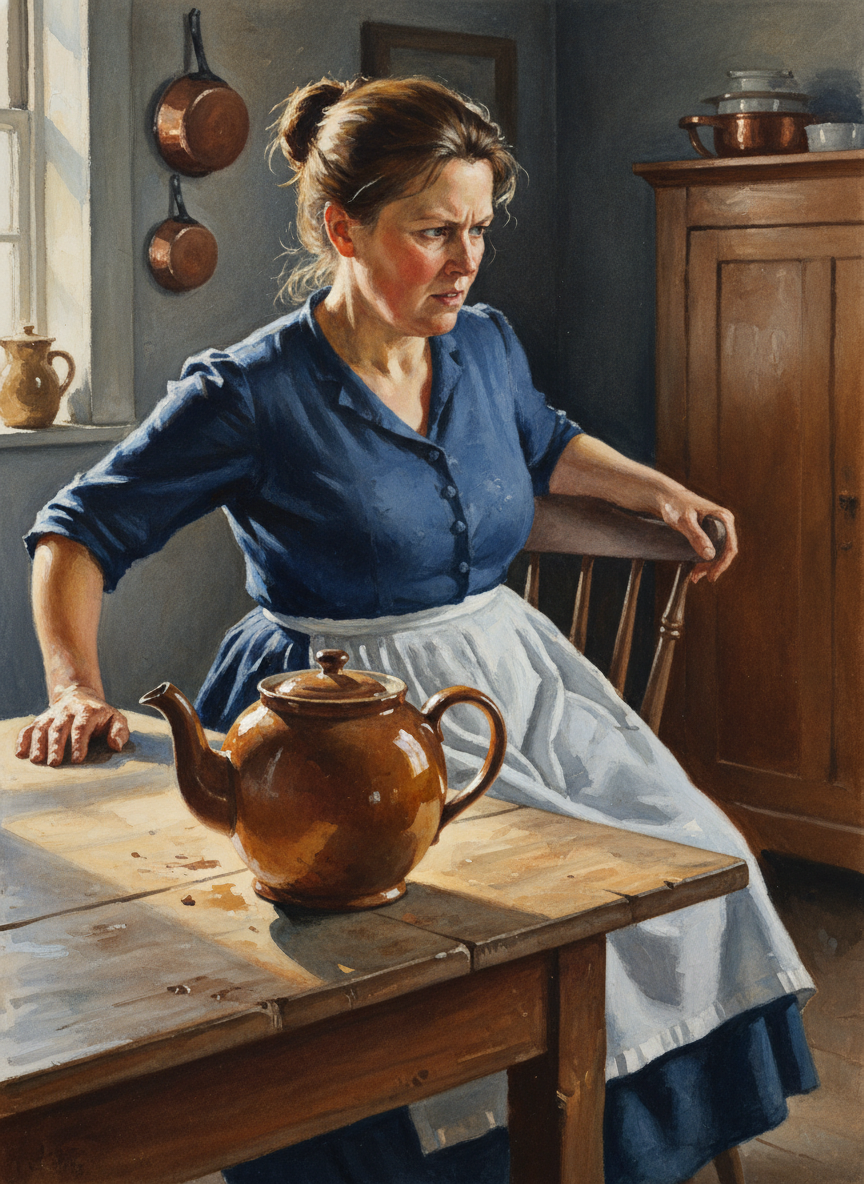 “They enter the picture,” said Justine, putting the old brown kitchen teapot on the table defiantly and sitting down in a hurry.