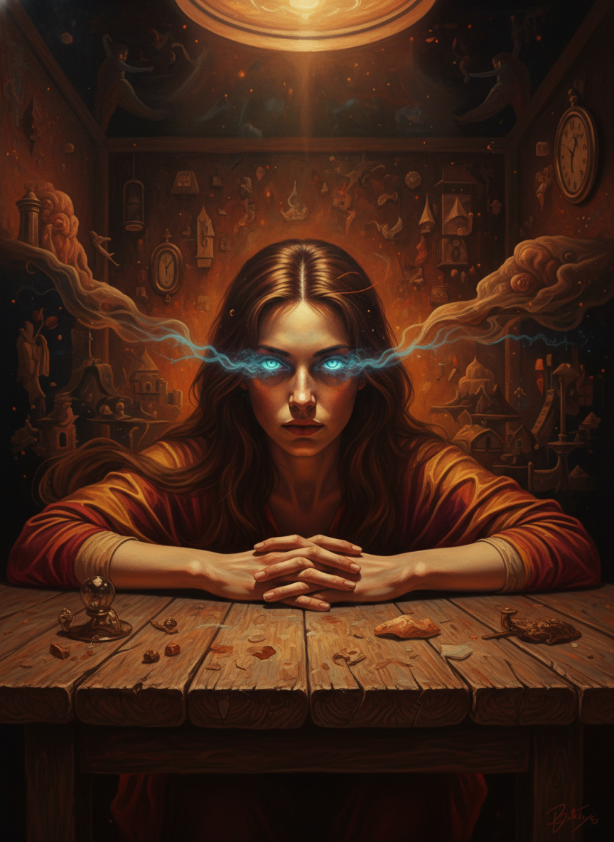She leaned her elbows on the table, eyes gleaming in the dimness.
