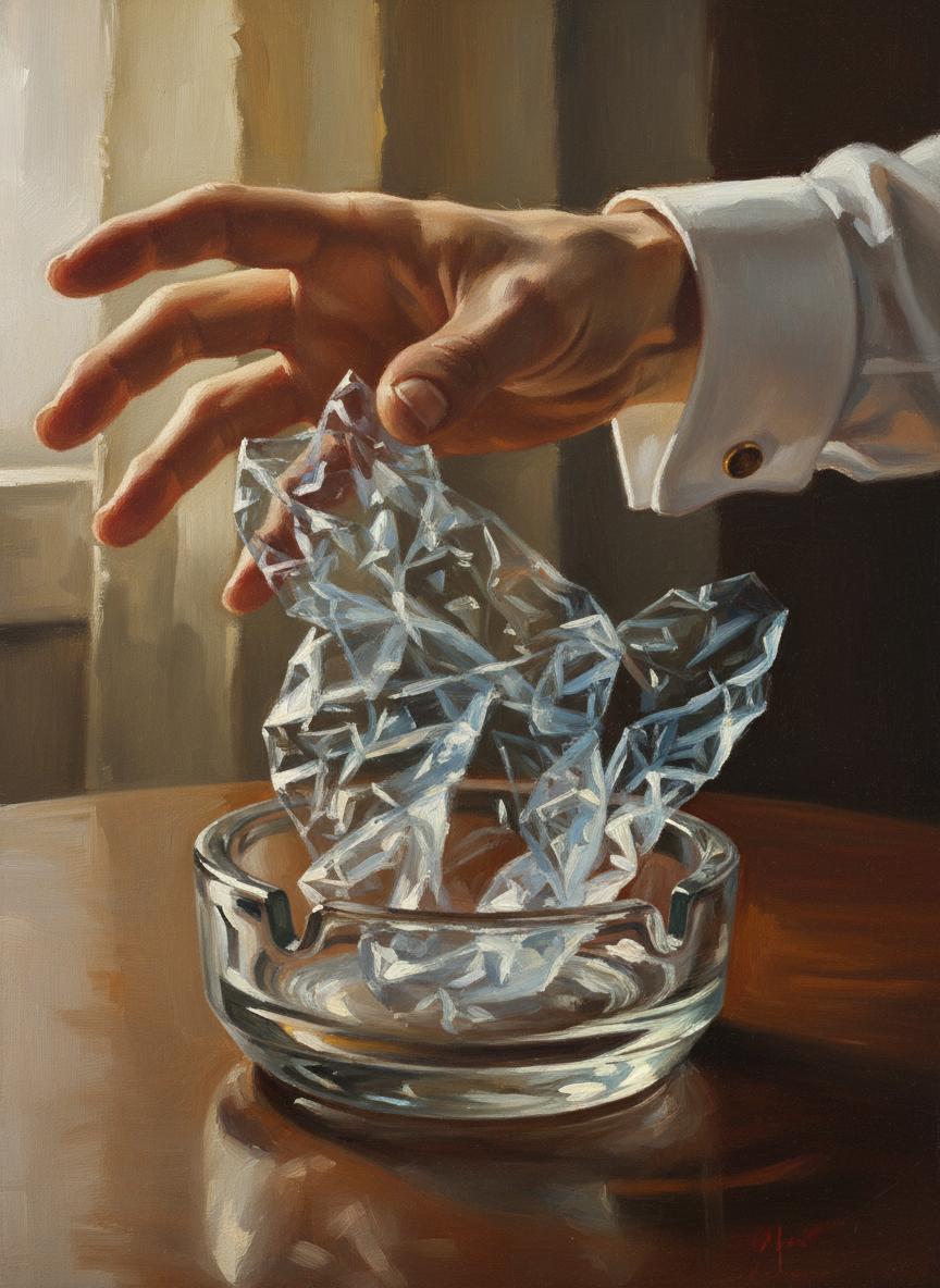 Quickly he grasped the bottom of the cellophane, pulled it off and held it in his hand, dramatically crushed it and dropped it in the ashtray, where it squeaked and writhed, expanded.