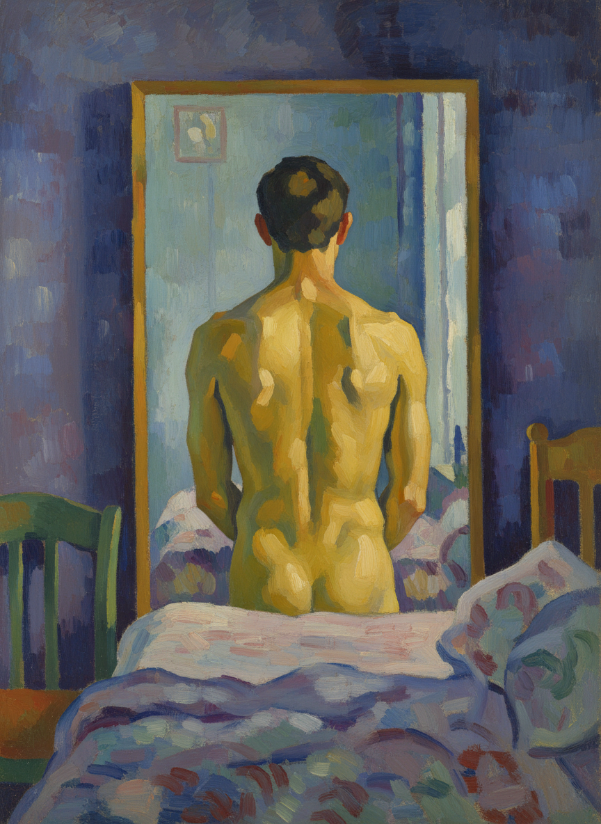 Foreshortened, their legs looked weird with his darkly matted ones sandwiched between her smooth defreckled ones; however, the bulk of the image in the mirror consisted of Arthur’s buttocks, and as he maneuvered they spread and contracted, hopped up and down, with two quiffs of yellow hair like Dagwood’s just poking above the twin globes and waving at her cheerfully.