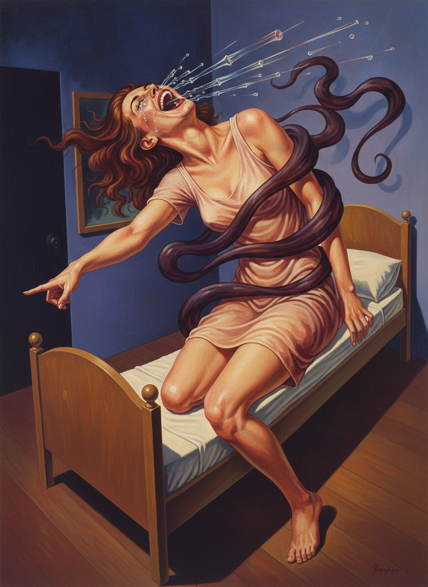 And the more limply furious he got, the harder she laughed, pointing her finger helplessly toward the foot of the bed, tears streaming down her face.