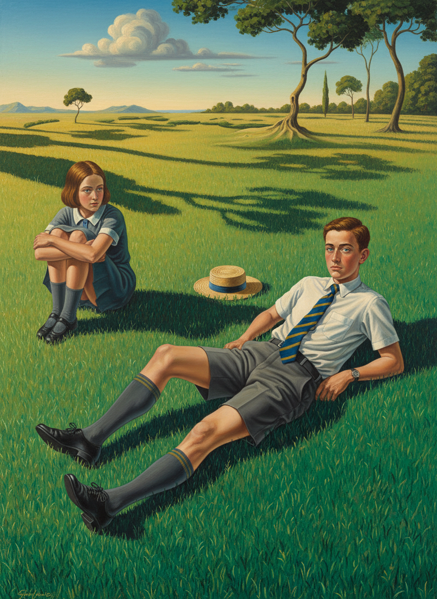 Dane removed his straw boater school hat and stretched out on the grass, Justine sitting hunched beside him, her arms about her knees to make sure all exposed skin was shaded.