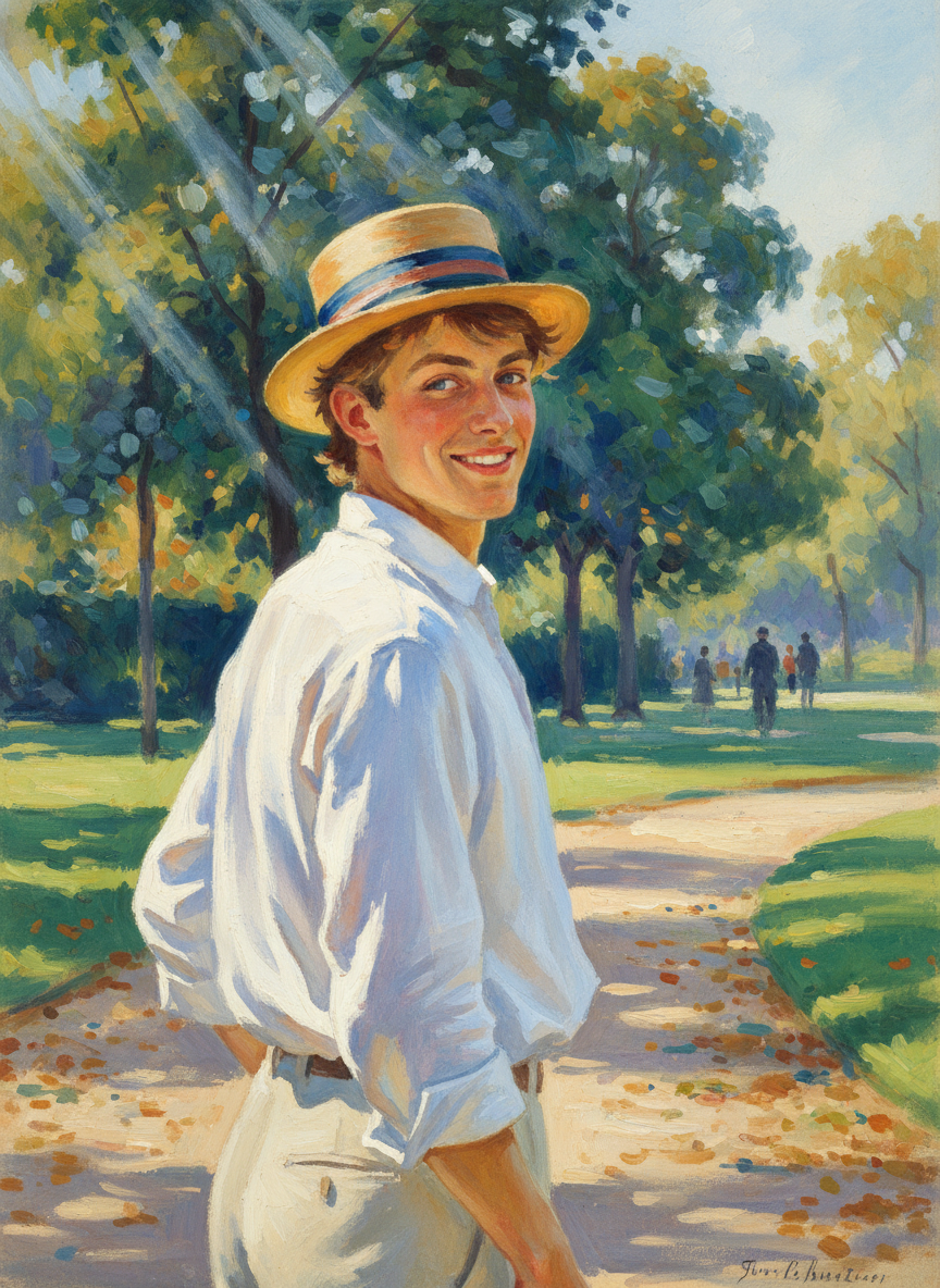 He was already several yards away, Riverview boater back on his head, but he turned to smile at her.