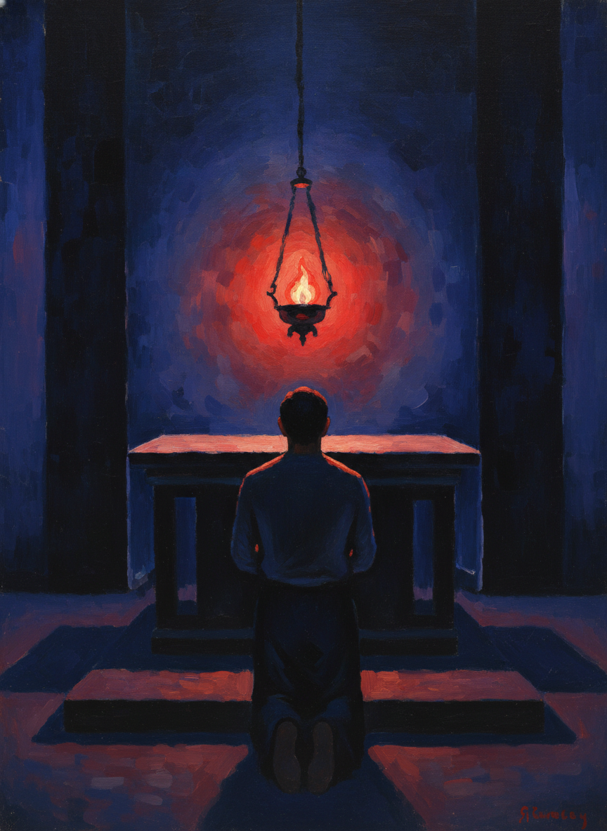 It was as if he had turned into a flame in one of the little red glass sanctuary lamps, always just fluttering on the brink of extinction, sustained by a small puddle of some vital essence, radiating a minute but enduring glow out into the far darknesses.