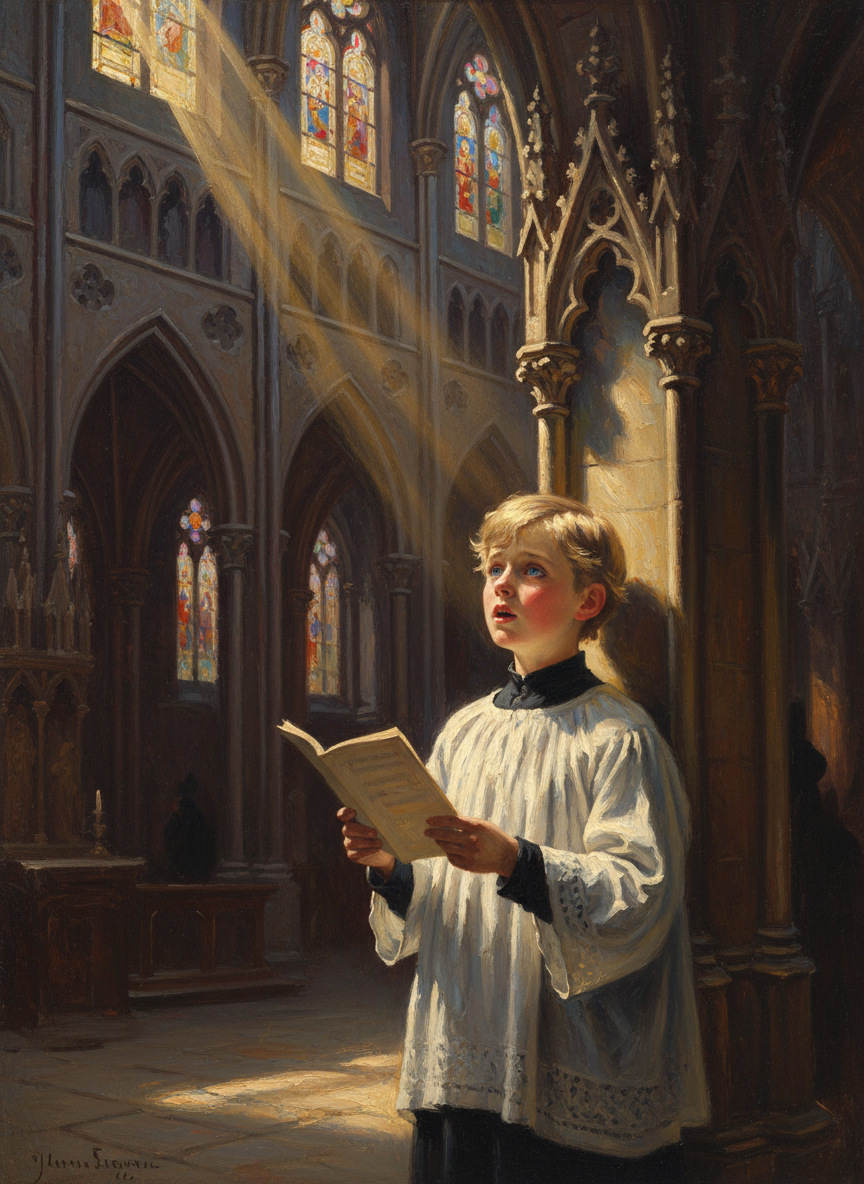 The organ gave off a few chords, quietened into a rippling accompaniment, and into the dim stone-lace arches one unearthly boy’s voice soared, thin and high and sweet, so filled with innocent purity the few people in the great empty church closed their eyes, mourned for that which could never come to them again.
