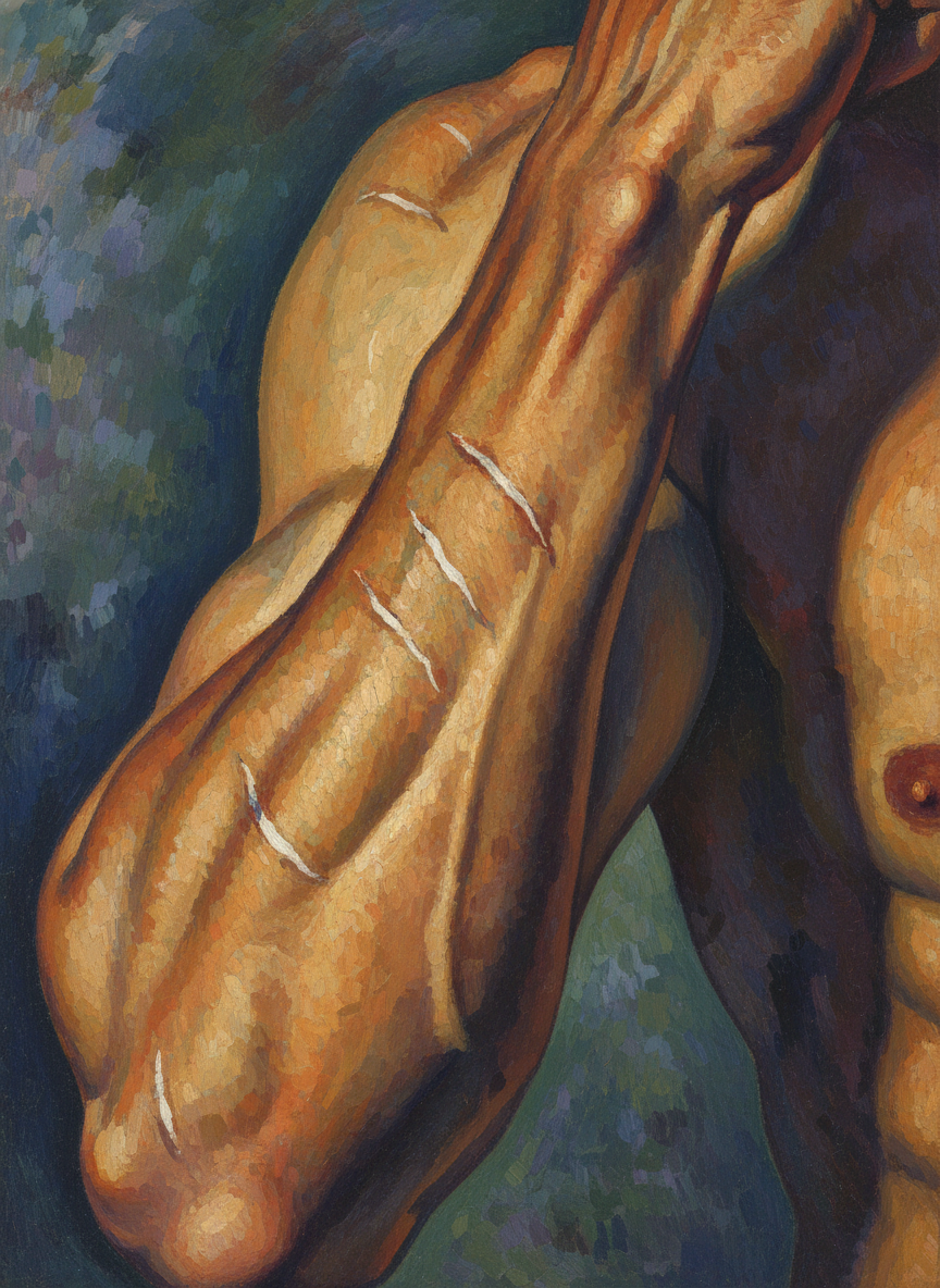 Her hand fell from his arm; he glanced down and saw the white marks of her fingers, the little arcs in his skin where her nails had bitten deeply.