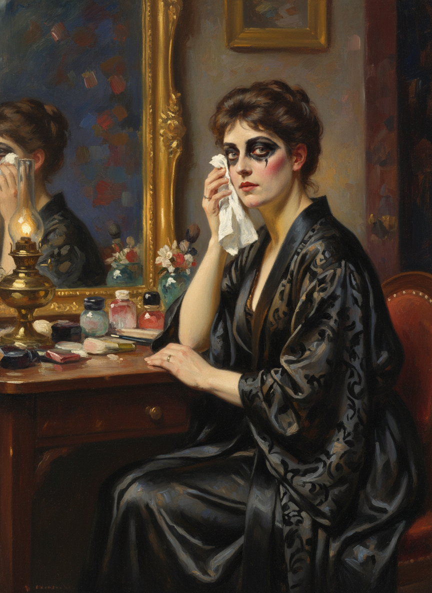 She was sitting at a mirror wiping off Electra’s paint, still in Electra’s robes; ringed with heavy black arabesques, her strange eyes seemed even stranger.