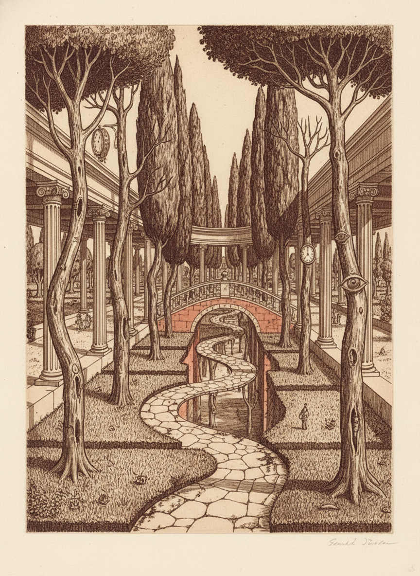 They walked through corridors, then through pleasant gardens quite unlike Drogheda’s, with tall cypresses and poplars, neat rectangles of grass surrounded by pillared walkways, mossy flagstones; past Gothic arches, under Renaissance bridges.
