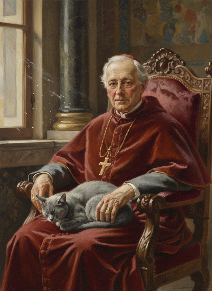 His present cat, a Russian blue named Natasha, was curled purring in his lap.